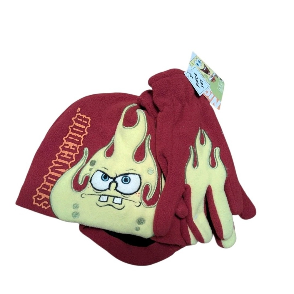 SpongeBob SquarePants Flame Fleece Hat Gloves Set NWT 2007 Nickelodeon Y2K